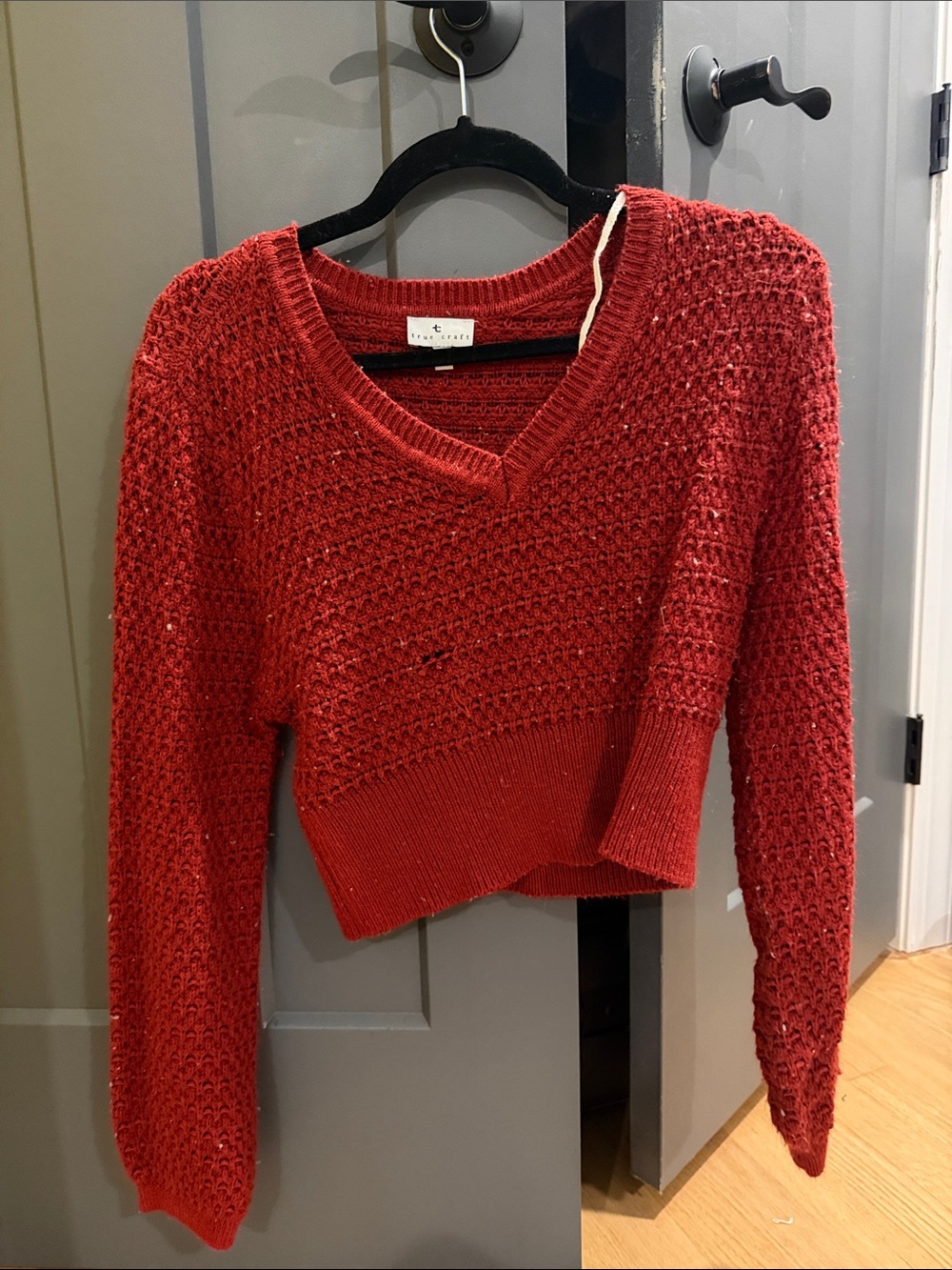 True Craft Red V-Neck Cropped Knit Sweater